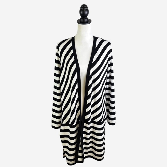 Chicos Travelers Long Open Knit Cardigan 2 Large Striped Black White - Picture 1 of 11